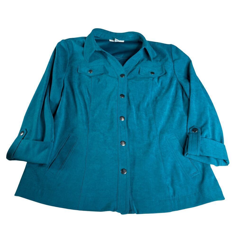 JM Collection Womens Petite XL Green Snap Jacket Collar Tab Sleeves Stretch